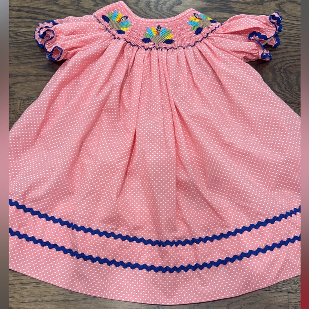 Classic Whimsy Smocked Turkey Pink Polka Dot Bishop Dress with Blue Trim 12 mo